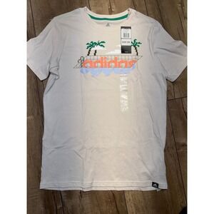 Adidas Boys Cream Graphic Logo T-Shirt‎ Palm Trees Pixel Art Casual Top NWT
